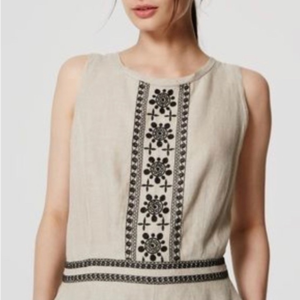 LOFT Ann Taylor Linen Tan Sleeveless Boho Romper With Black Embroidery